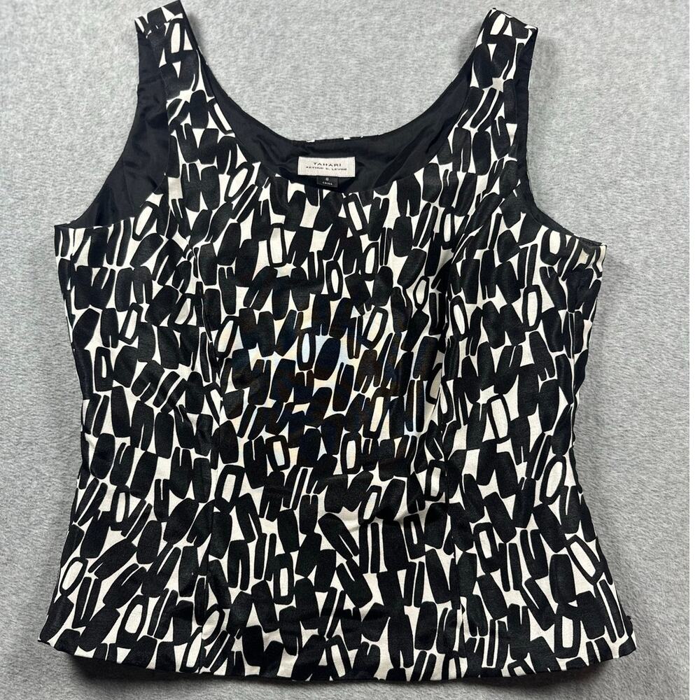 Tahari Arthur S. Levine Blouse Top Women's SZ 8 Black White Geometric Sleeveless